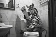 Black and white photo of a zebra sitting on a toilet in a bathroom reading a newspaper