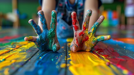 Poster - A child's hands covered in paint on a colorful floor, AI