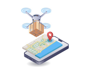Poster - Drone delivers goods with map application, infographic 3d illustration flat isometric