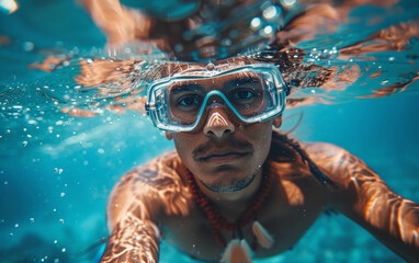 A man wearing a mask and goggles diving into the water for a swim or underwater exploration