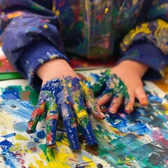 Poster - A child's hands covered in paint and colored paper on a table, AI