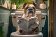An English Bulldog sitting on an open toilet, reading a newspaper, with a bathroom background, in the style of hyperrealistic