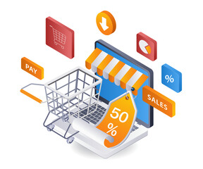 Poster - Discount online shopping ecommerce infographic flat isometric 3d illustration
