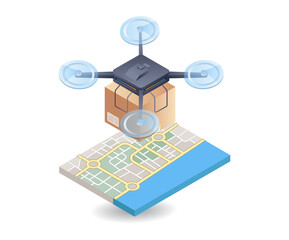 Poster - Drone delivering goods with location map, flat isometric 3d illustration infographic