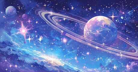 Wall Mural - watercolor, space with planets and stars, planets in the background, soft pastel colors