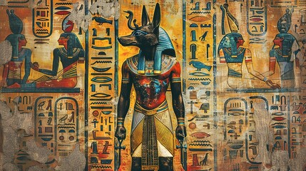 vibrant mural style depiction of anubis, the egyptian god of the afterlife, standing majestically against a background of ancient hieroglyphics.