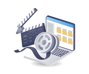 Leinwandbilder - Data folder video movie editing technology infographic 3d illustration flat isometric