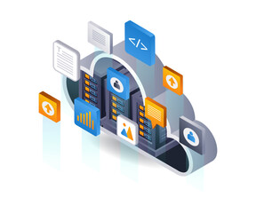 Fototapete - Data cloud server technology infographics 3d illustration flat isometric