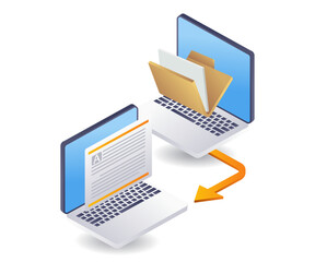 Poster - Data transfer between computers technology infographics flat isometric 3d illustration