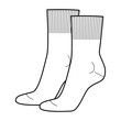 Crew Socks women shape Technical drawing silhouette. Fashion accessory clothing technical illustration. Vector side view style, flat template CAD mockup sketch outline isolated on white background