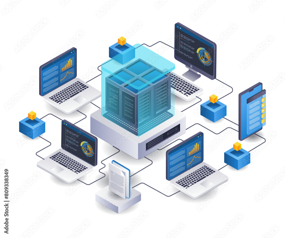 Computer network server infographic 3d illustration flat isometric ...