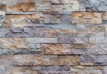 Poster - High-resolution image capturing the detailed texture of a multicolored stone wall composed of variously sized rectangular blocks, ideal for backgrounds or as architectural design elements