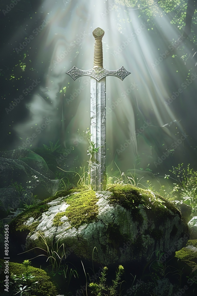 Sword stuck in a mosscovered stone in a misty forest clearing, beams of ...