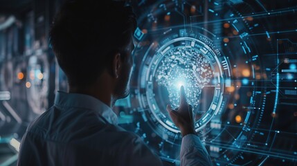 Fototapete - Ai tech, businessman show virtual graphic Global Internet connect Chatgpt Chat with AI, Artificial Intelligence. using command prompt for generates something, Futuristic technology transformation.