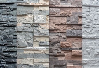 Poster - High-resolution image displaying four sections of stone wall textures in different shades, perfect for backgrounds, architectural detail displays, and design elements in construction-related visuals