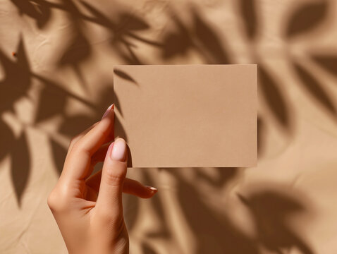 Female  manicure nail hand holding blank brown paper mockup earthy boho  VIP gift voucher business card promo mock up natural sunny tree leaf shadows template brand minimalistic chic design isolated