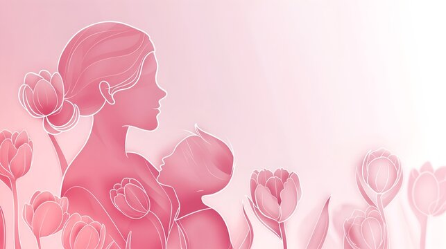 Mother and Child Silhouette Amidst Blooming Tulips, Embrace of Love - Happy Mother's Day, Abstract Motherhood, Mother's loves, Pink Background With Mother with Kids and Blooming Tulips Flowers 