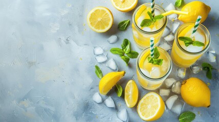 Wall Mural - Fresh lemonade in glasses with straws, surrounded by lemons, mint, and ice on blue textured surface