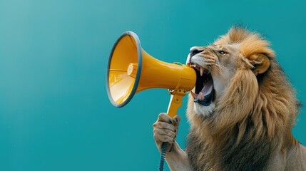 Cool beautiful lion holding and screaming into a yellow loudspeaker on a blue background. Business management and boss, a creative idea. Successful advertising and management, concept. Attention