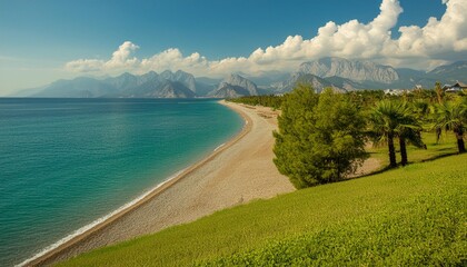 Canvas Print - beautiful morning view to famous konyaalti beach turquoise sea light wide beach greenery parks line mountains with white clouds bright blue sky create mood holiday and upcoming rest generative ai