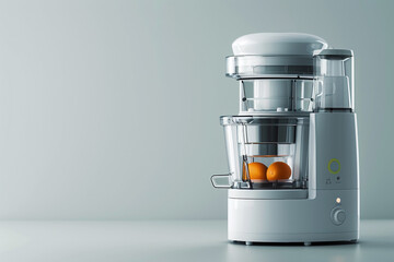 A compact juicer with a transparent pulp container and a built-in safety lock system isolated on a solid white background.