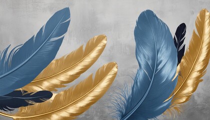 Wall Mural - vintage illustration with feathers blue and gold brushstrokes textured background oil on canvas modern art grey wallpaper poster card mural print wall art