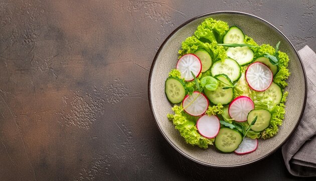 vegan vegetarian healthy fresh vegetable salad of green lettuce radish and cucumber healthy vegetari