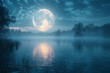 The ethereal glow of a full moon casting its silver light over a tranquil lake, creating a mesmerizing reflection. Concept of nocturnal beauty. Generative Ai.