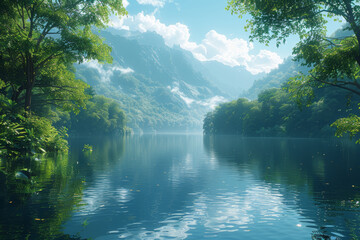 Poster - The serene beauty of a tranquil lake surrounded by lush greenery, reflecting the clear blue sky like a mirror. Concept of natural harmony. Generative Ai.