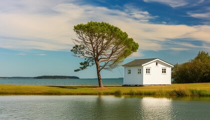 Wall Mural - white cottage next to a lone tree at the lake