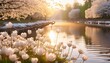 a 3d wallpaper featuring a tranquil river at sunrise with pearl flowers along the banks reflecting the soft morning hues 8k