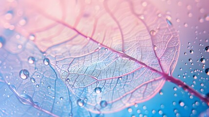 Wall Mural - Transparent skeleton leaf with beautiful texture on a blue and pink background, glass with shiny water drops close-up macro . Bright expressive artistic image nature