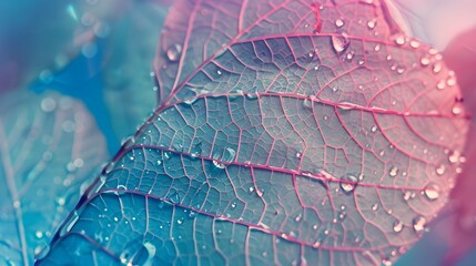 Wall Mural - Transparent skeleton leaf with beautiful texture on a blue and pink background, glass with shiny water drops close-up macro . Bright expressive artistic image nature