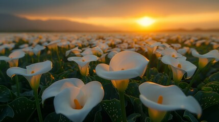 Canvas Print - Serene calla lily field at sunset