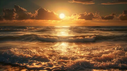 Canvas Print - The golden sun sinks below the horizon, casting a warm glow over the ocean waves as they roll gently towards the shore 