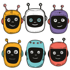 Sticker - Six cute cartoon robots faces different expressions, colors, isolated white background. Childfriendly robot characters smiling, antenna, eyes, cheerful. Vector illustration playful artificial