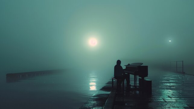 Painting music minimalist Shadow of a piano player beside a river and moonlight