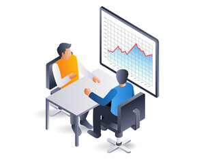 Poster - Business company development data analysis team, flat isometric 3D illustration infographic