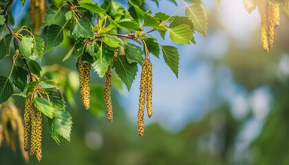 Wall Mural - close up of blooming birch tree pollen on blue blurred sky background pharma concept for pollen allergy in spring natural scene with copy space