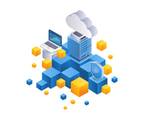 Poster - Blockchain analysis cloud server technology flat isometric illustration