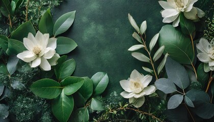 Wall Mural - dark green floral background with realistic plants and leaves