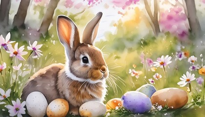 Wall Mural - springtime easter background with watercolor bunny and easter eggs and wildflowers ai generative