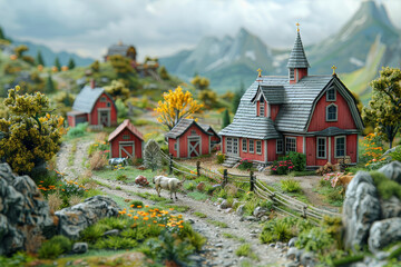 Poster - A farm diorama capturing the rustic charm of rural life, complete with barns, fields, and grazing livestock. Concept of agriculture. Generative Ai.