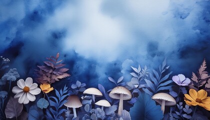 Wall Mural - blue watercolor ombre wash background texture with colorful woodland flowers leaves mushrooms