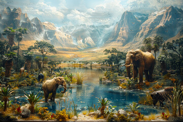 Poster - A wildlife diorama featuring realistic depictions of animals in their natural habitats, from African savannas to Arctic tundras. Concept of wildlife conservation. Generative Ai.