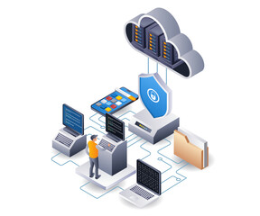 Aufkleber - Application developer with security hosting cloud server technology infographic illustration 3d flat isometric