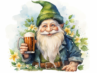 Watercolor vector gnome drinks beer for Saint Patrick Days