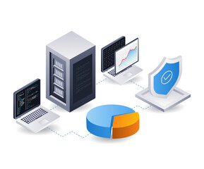 Fototapete - Analysis data on server security developments infographics, flat isometric 3D illustration