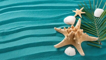 Wall Mural - top view of beach sand with starfish and seashell generative ai