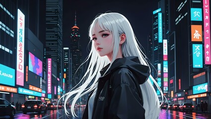 Wall Mural - Anime girl with long blonde hair wearing black jacket in night street of asian city